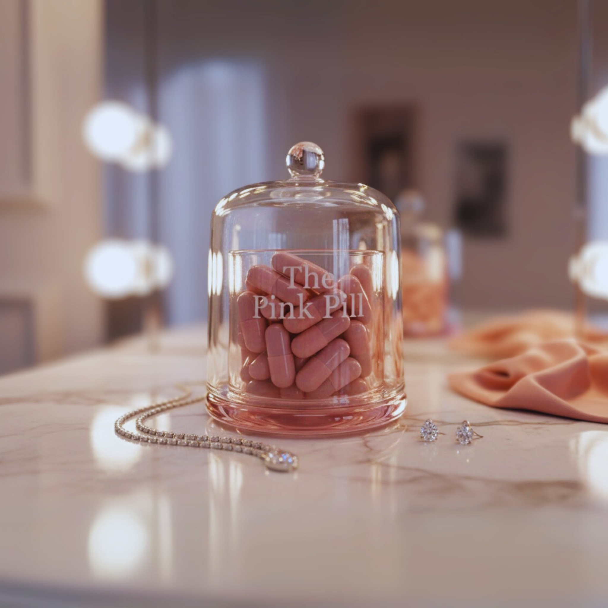 The Pink Bell Jar - a luxury glass jar filled with The Pink Pill supplements, designed as an elegant wellness ritual centerpiece.
