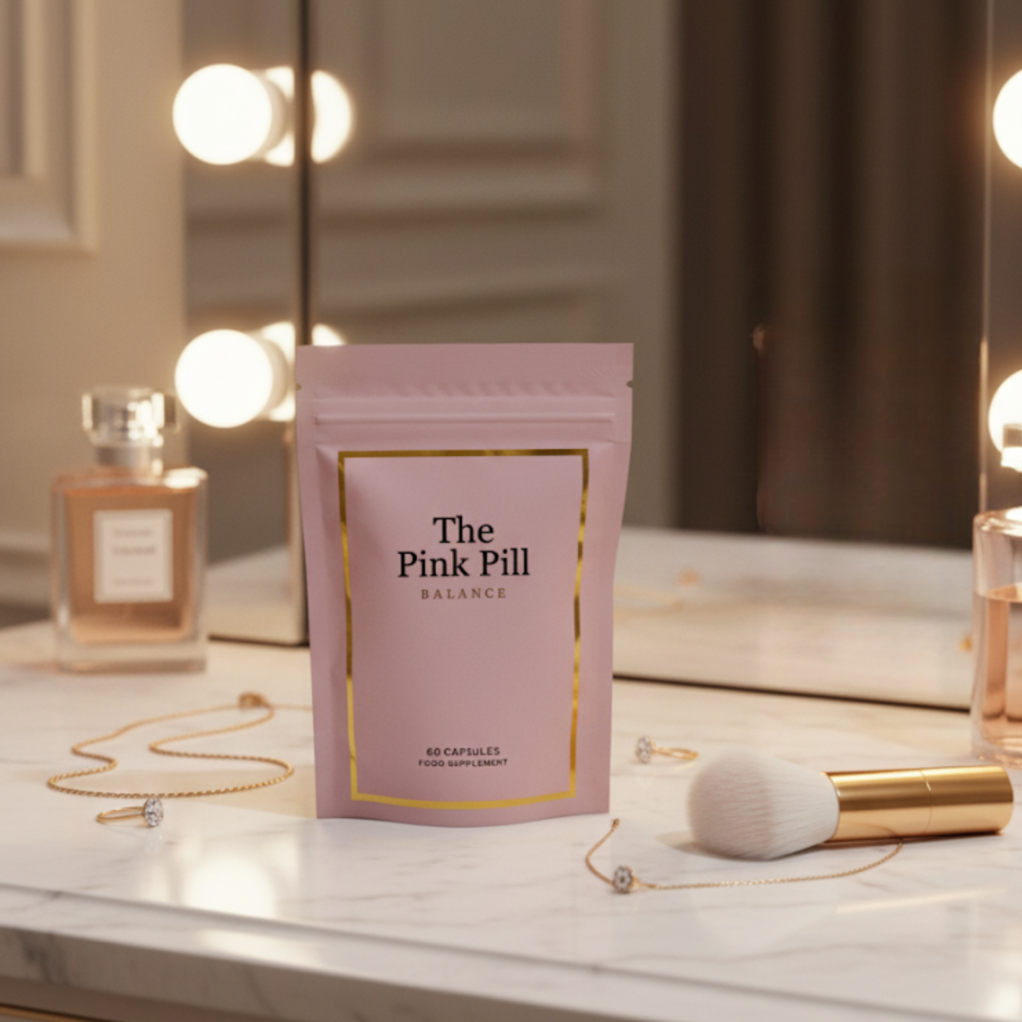 The Pink Pill Balance supplement pouch, 60 capsules, displayed on a luxury marble vanity with perfume and beauty accessories.