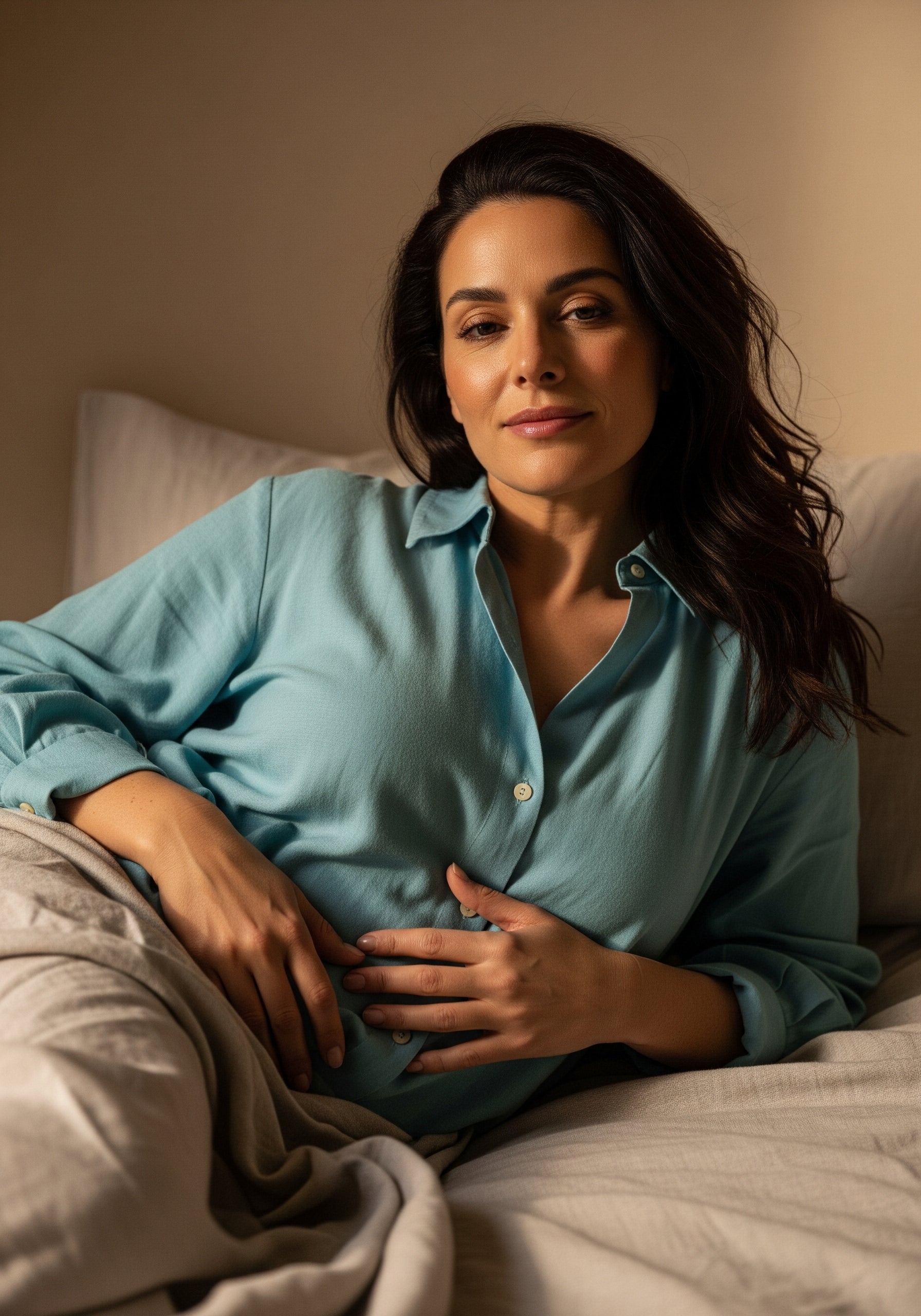 Woman resting peacefully in bed wearing a teal blouse, symbolising support for cycle regularity and fertility through The Pink Pill ritual.