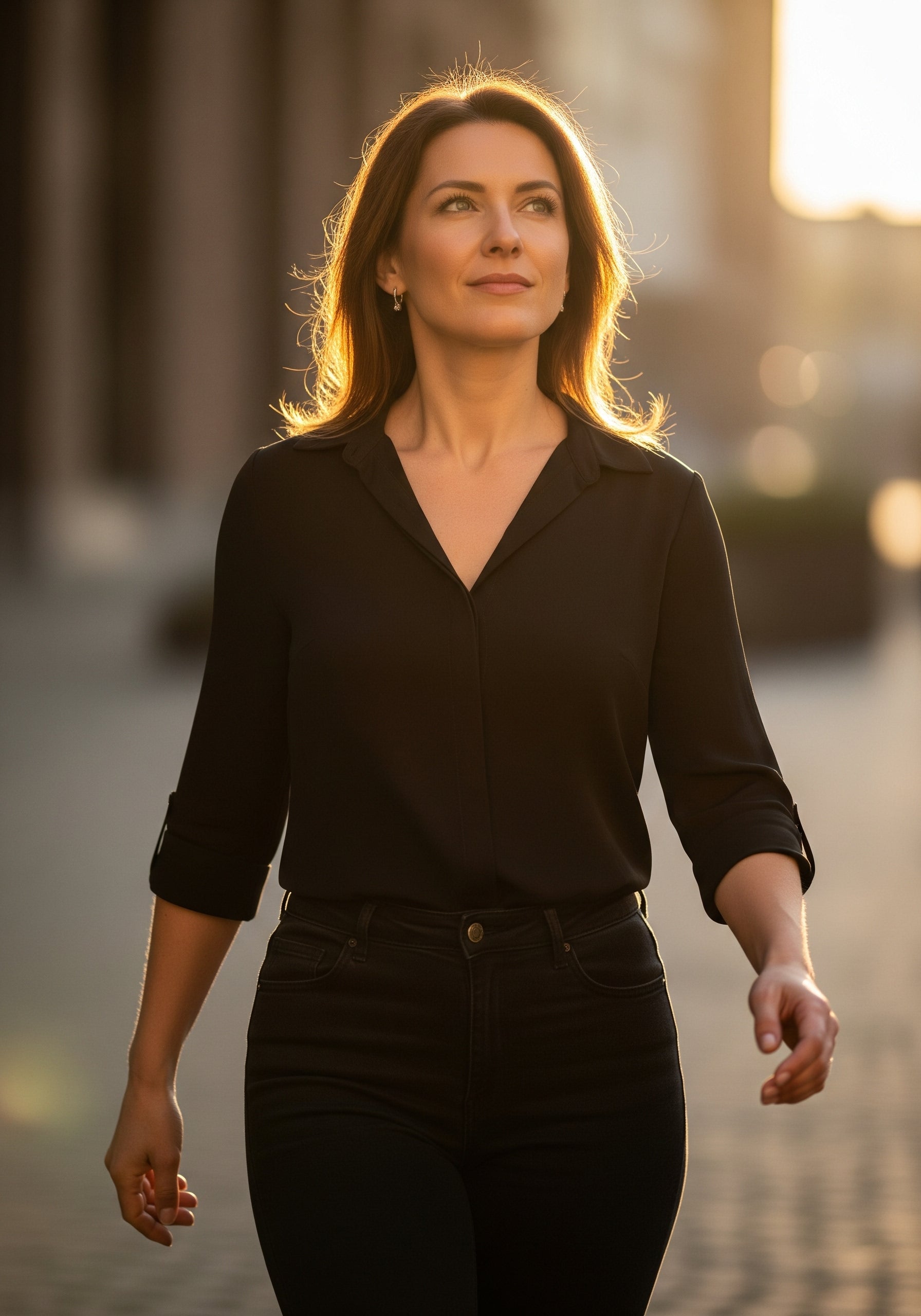 Confident woman walking forward in golden light, symbolising empowerment, balance, and the daily ritual of The Pink Pill lifestyle.