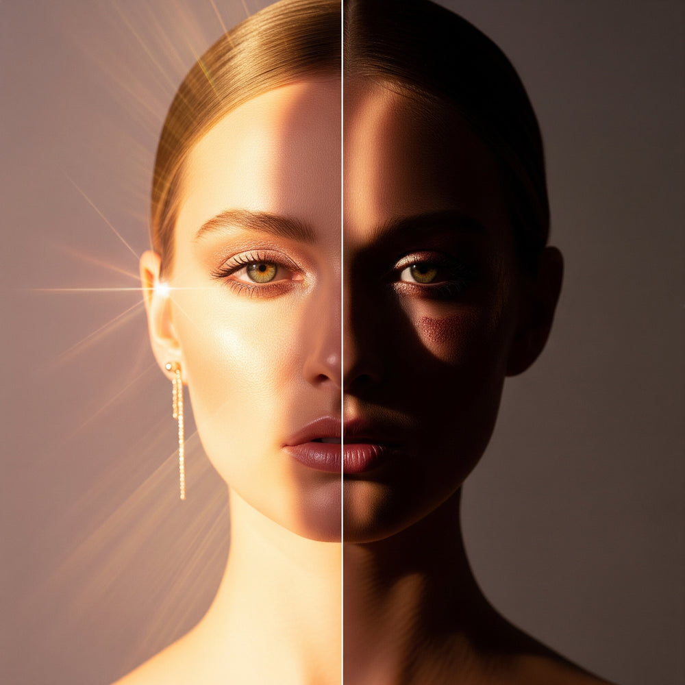 Editorial portrait of a woman with her face split between golden light and shadow, symbolising ‘Glow’ and ‘The Inner Circle’ — representing The Pink Pill Journal’s balance of radiance, raw honesty, and aspirational wellness.