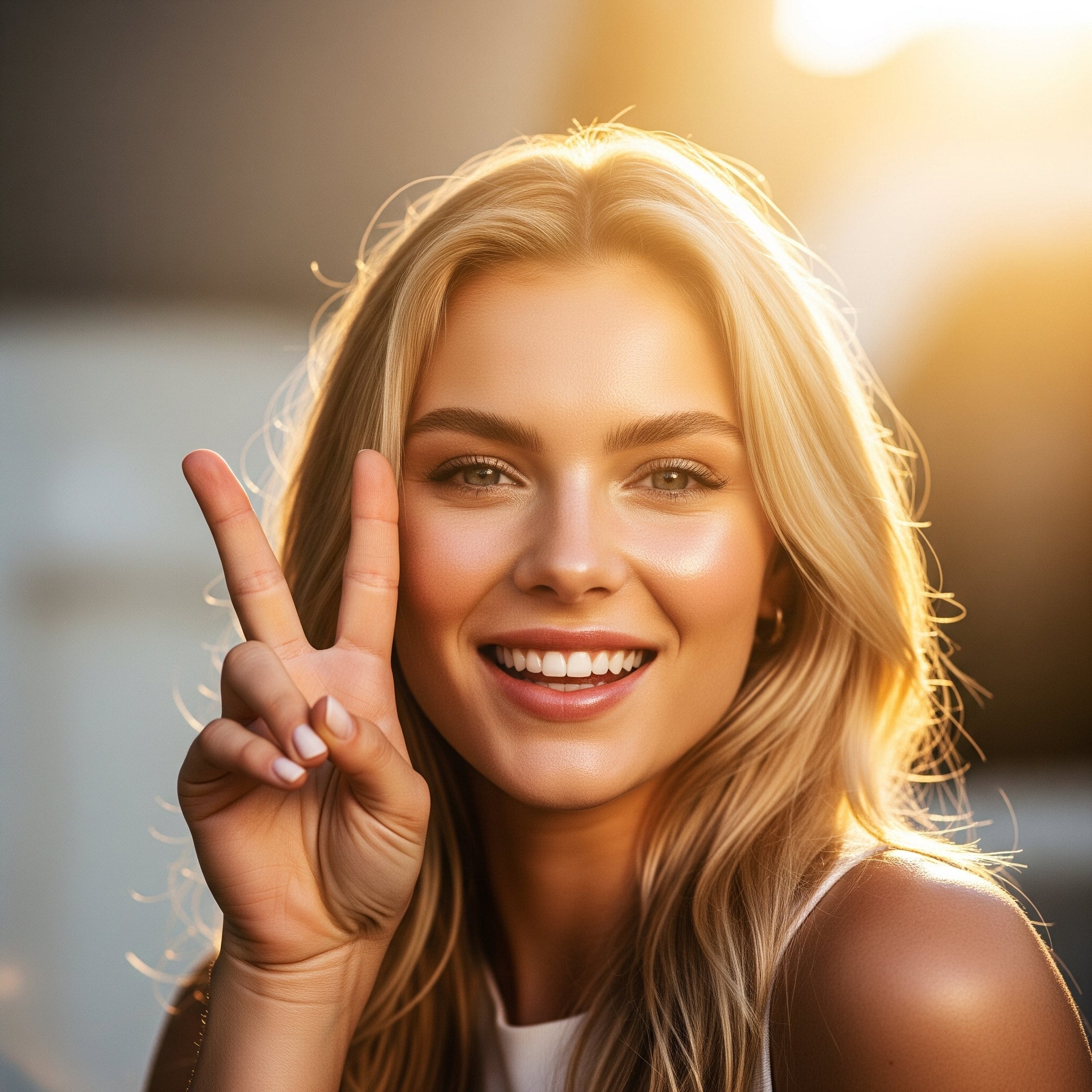 Radiant young woman smiling with a peace sign in golden-hour light, embodying fun, balance, and empowerment — representing ‘The Balance of 2’ daily ritual of The Pink Pill™