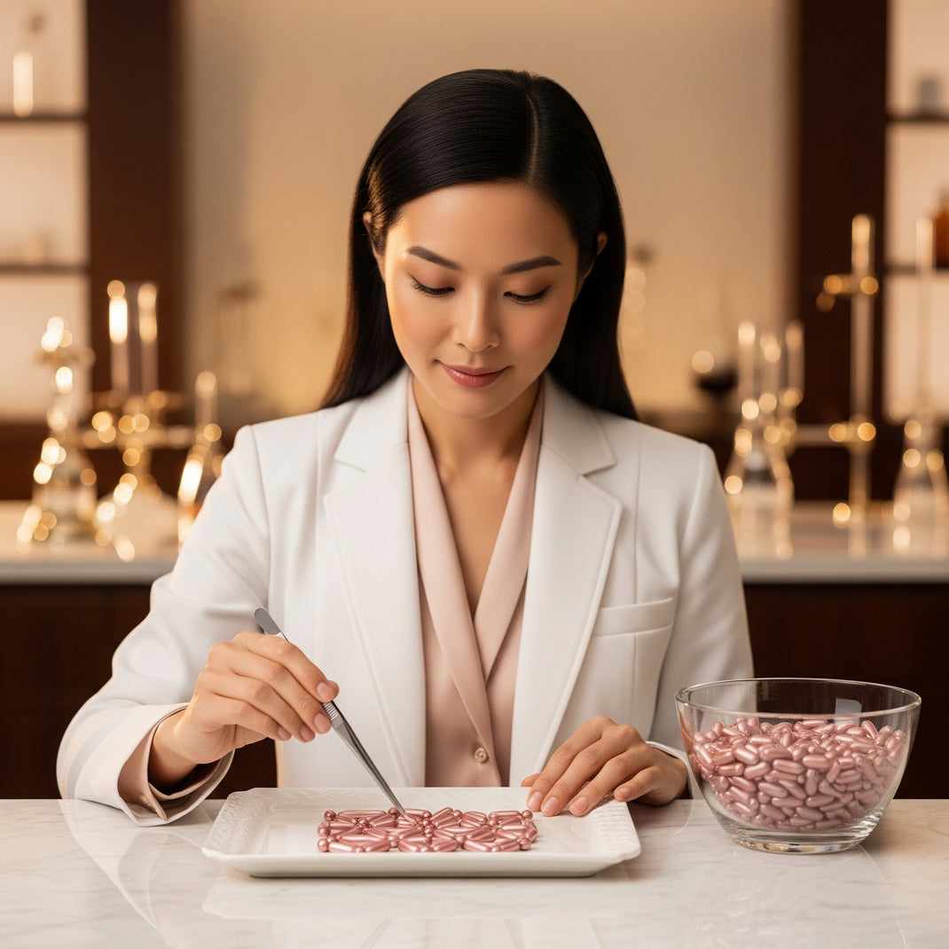 Zinc - essential trace mineral supporting immunity, hormonal balance, skin clarity, and overall vitality, presented in a refined laboratory wellness setting as part of The Pink Pill™ formulation.