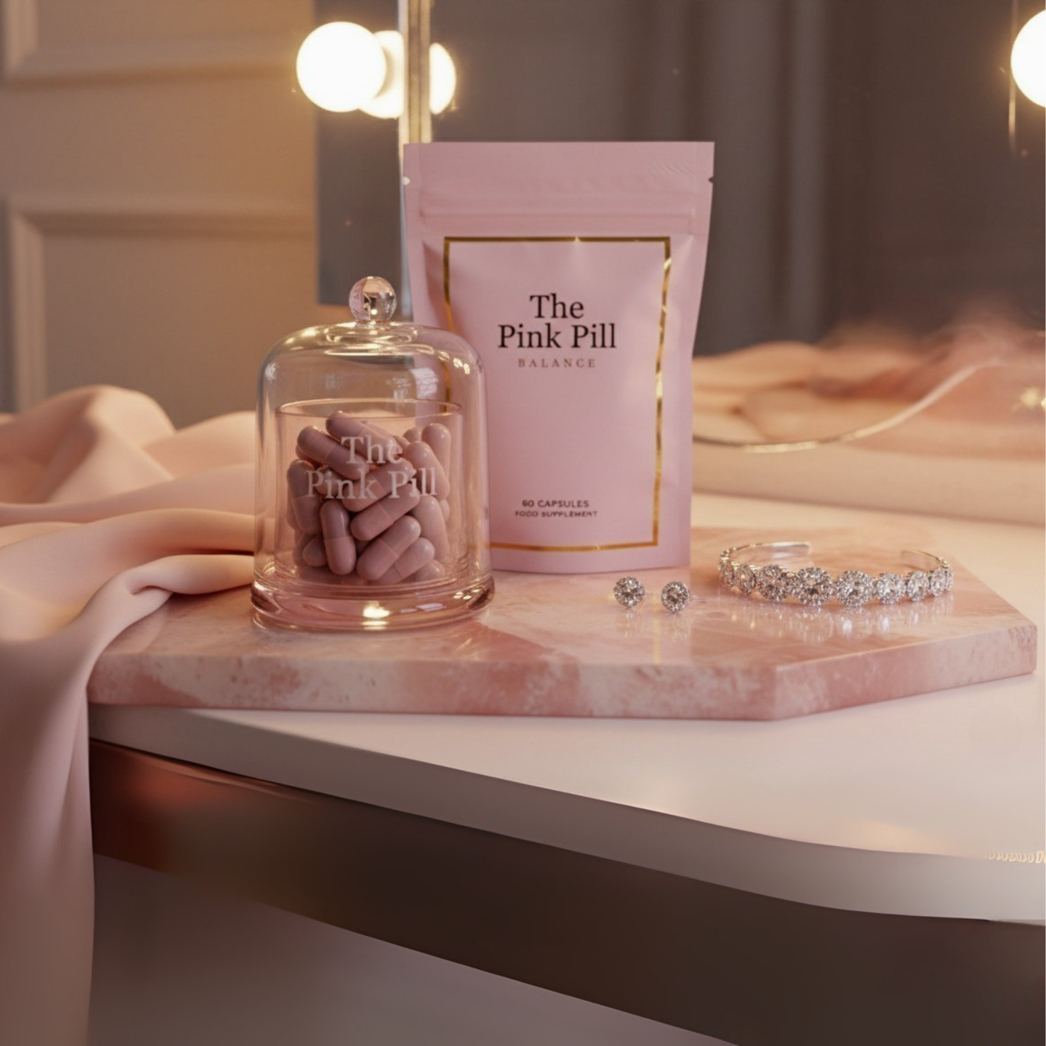 The Pink Pill Ritual Set featuring The Pink Bell Jar and refill pouch, luxury wellness supplements displayed on a marble vanity.