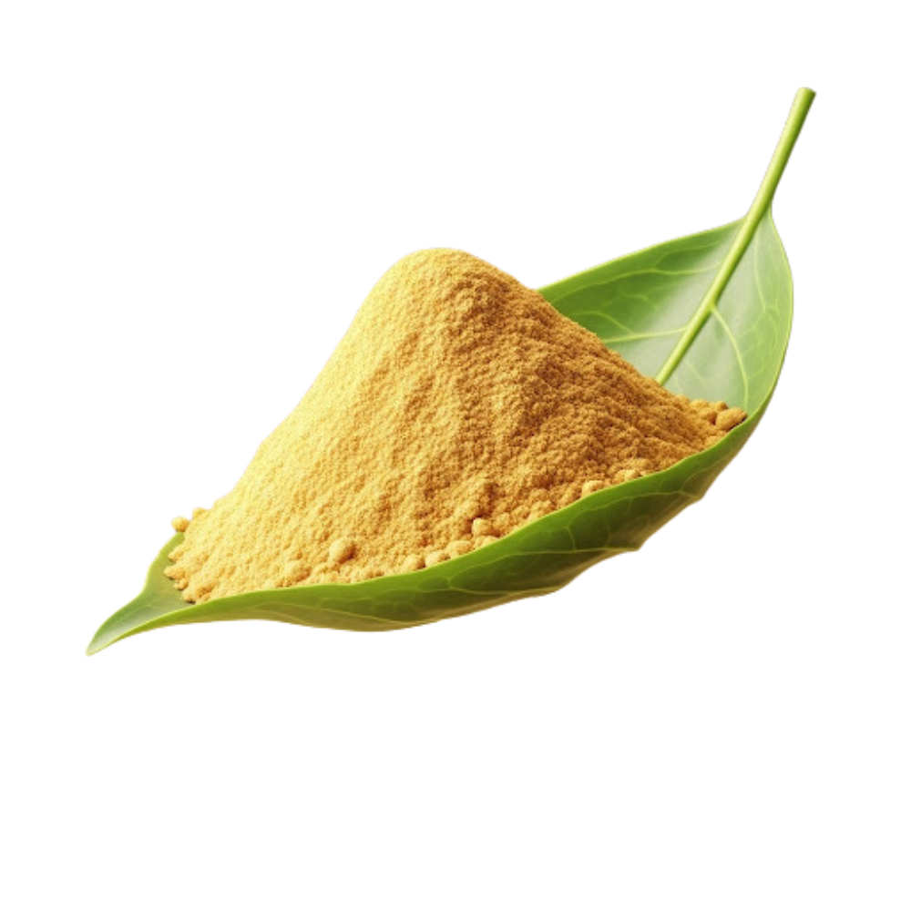 Golden maca root powder on a green leaf, a core ingredient in The Pink Pill Balance formula, traditionally used to support energy, vitality, libido, and women’s hormonal wellness.